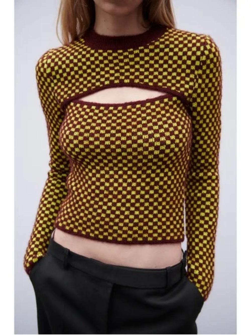 Zara Brown and Yellow Checker Knit Sweater